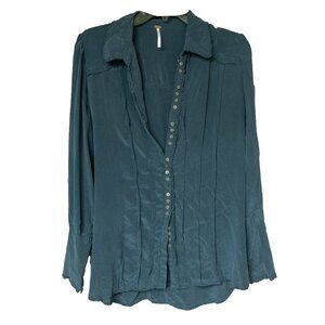 Free People Silk Victorian Blouse Steampunk Teal Jewel Tone Micro Button Ruffle